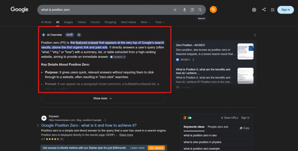 An example of a position zero in a Google search