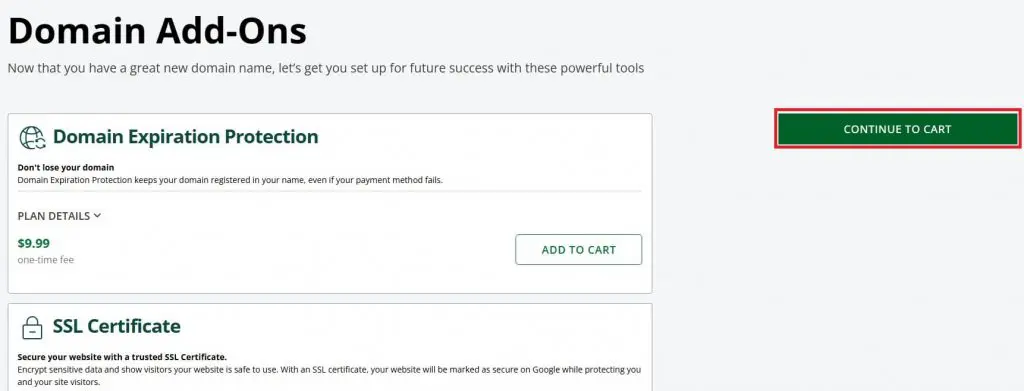 Domain add-ons page showing expiration protection, SSL options, and “Continue to Cart” button