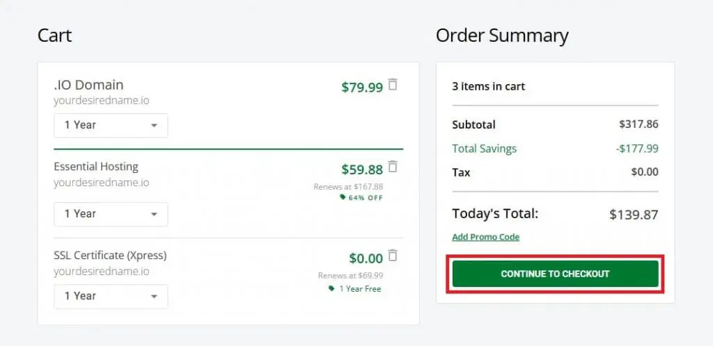Cart and order summary showing .io domain, hosting, SSL, and "Continue to Checkout" button