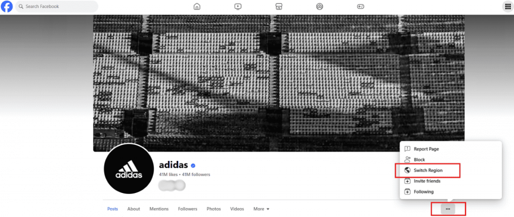 An Adidas Facebook page used to switch region