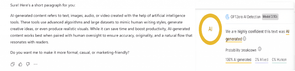 A screenshot comparison showing the cycle of AI text generation and detection. On the left is the AI-generated paragraph from ChatGPT. On the right, the GPTZero tool confirms the text is 100% AI generated.