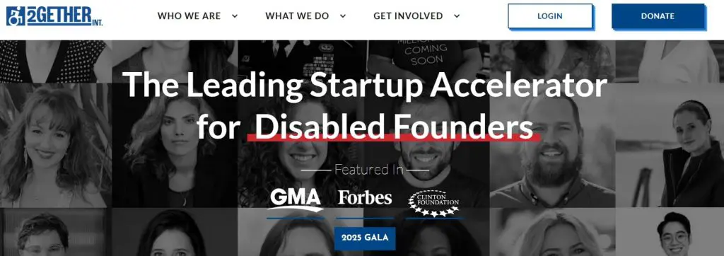 2Gether International’s accessible website highlighting support for disabled founders.