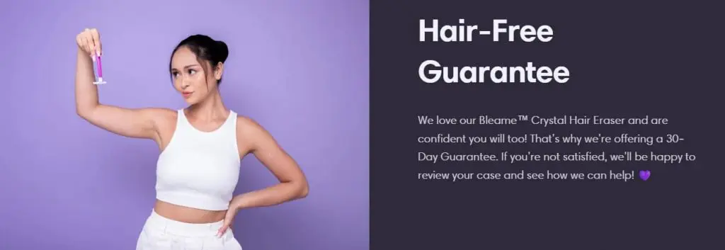 Bleame 30-day hair-free guarantee with woman holding a razor