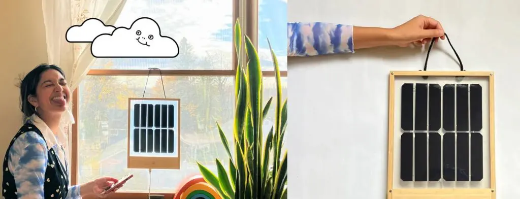 Grouphug Solar window-hanging panel charging a phone in a sunny apartment