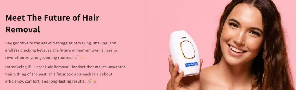 HeySilkySkin IPL hair removal handset held by a smiling woman on a pink background