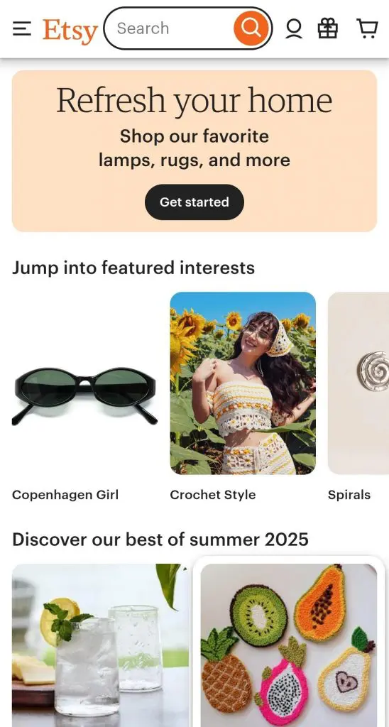 Etsy homepage in mobile devices