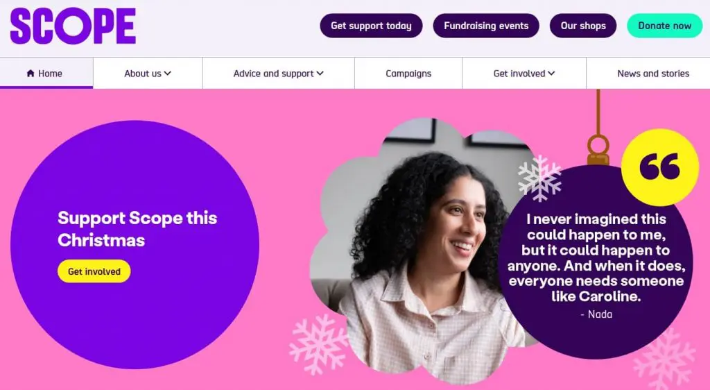 Scope charity homepage featuring clear navigation, bold colors, and a user story.