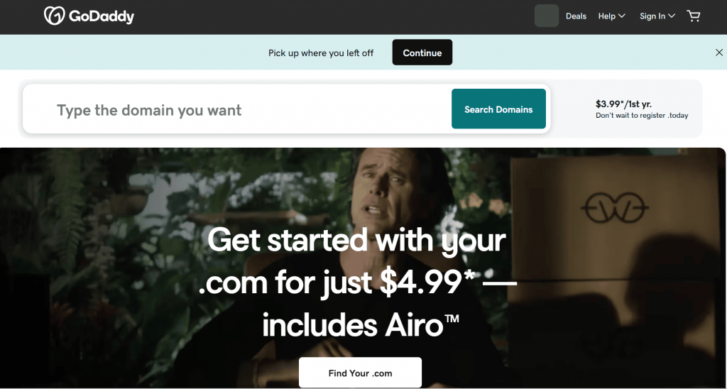 Image of GoDaddy website main page.