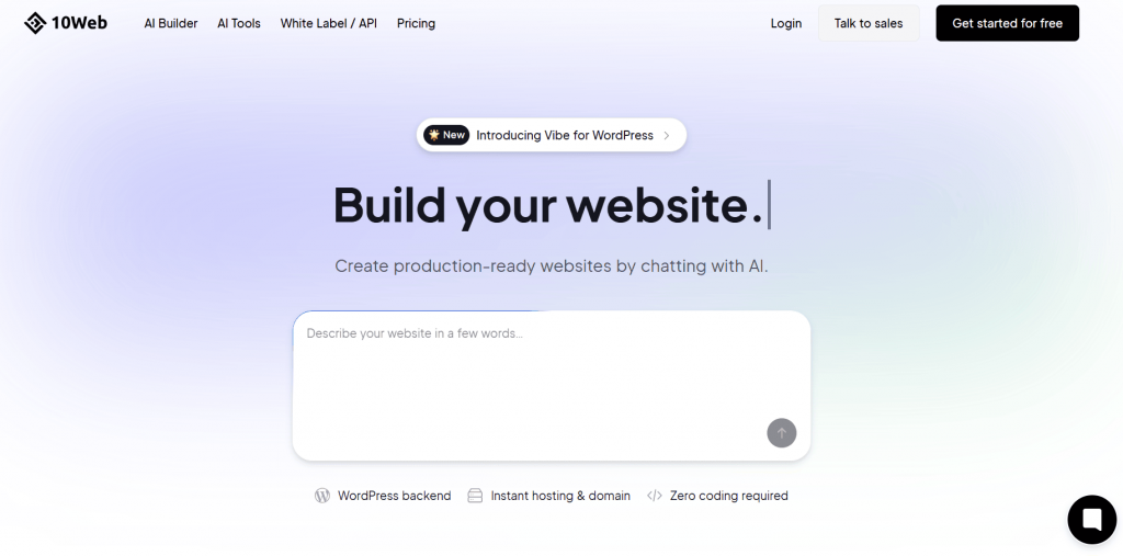 Image of 10Web website main page