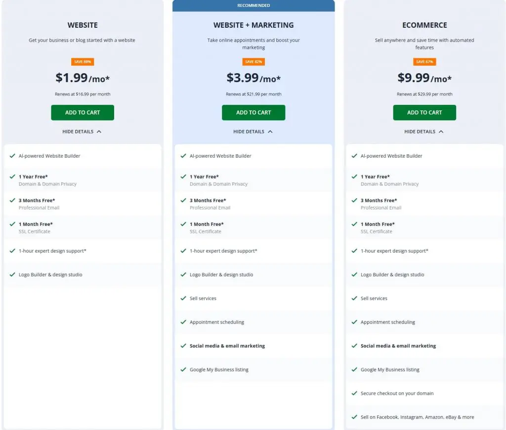 Website pricing page featuring different tiers and associated prices for services offered.
