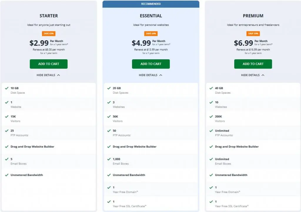 Pricing page displaying various subscription plans and their costs for a website service