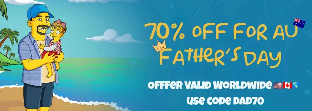 Turned Yellow 70% off Father’s Day sale banner with cartoon dad and child