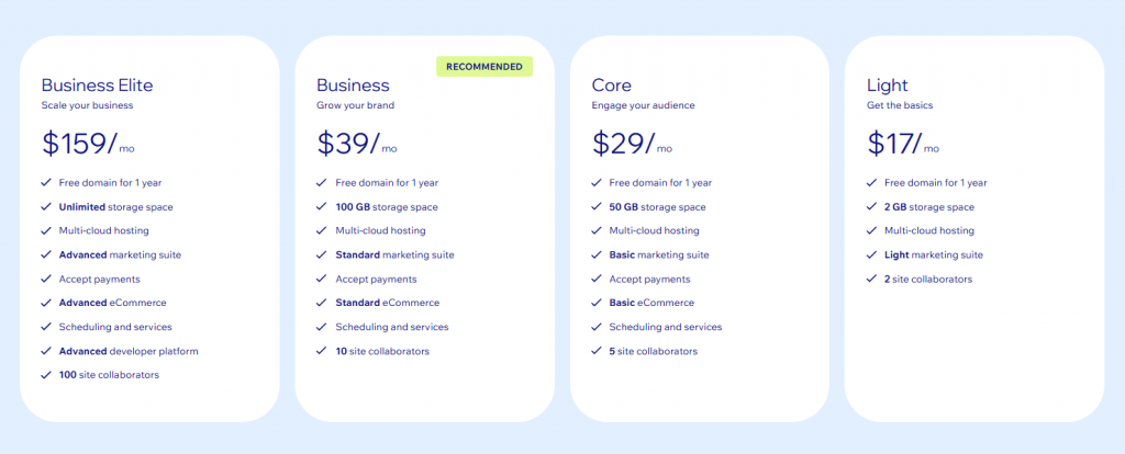 Wix pricing screenshot