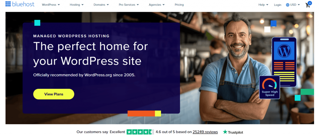 Bluehost homepage promoting managed WordPress hosting officially recommended by WordPress.org.