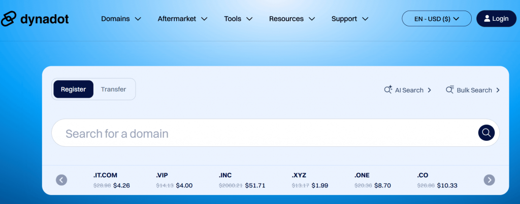 Dynadot homepage showing domain search bar with AI Search and discounted domain extensions.