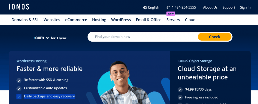 IONOS homepage highlighting WordPress hosting, cloud storage, and $1 .com domain offer.