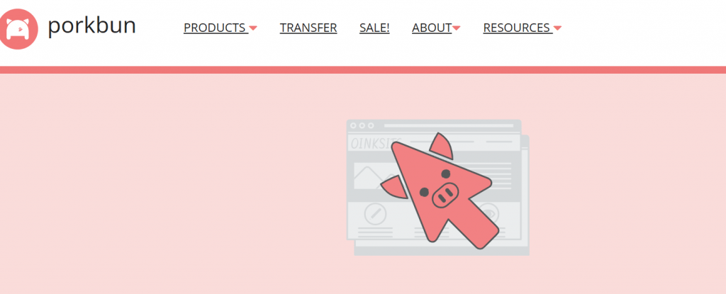 Porkbun homepage featuring pink pig cursor logo and domain management interface.
