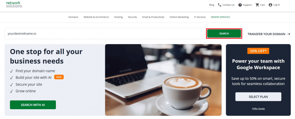 Quick domain search tool for popular tech business names on Network Solutions.