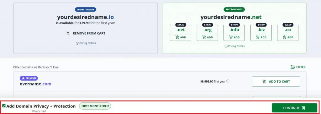 Domain privacy and purchase step for popular tech business names on Network Solutions.