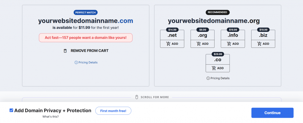 Domain search results
