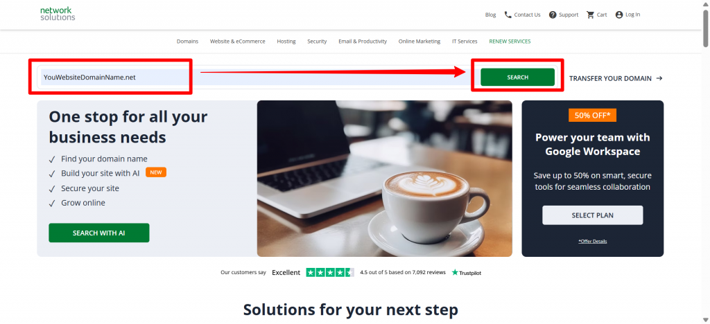 Domain name search at networksolutions website