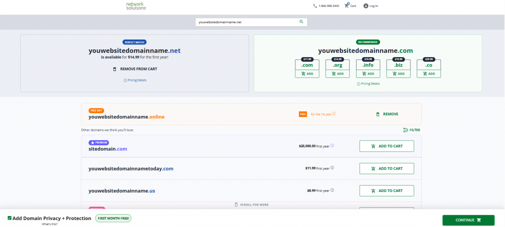 screenshot of available alternative domain suggestions from netsol
