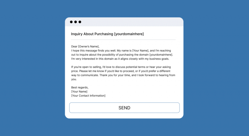 Sample email showing how to ask a domain owner if they're open to selling the domain.