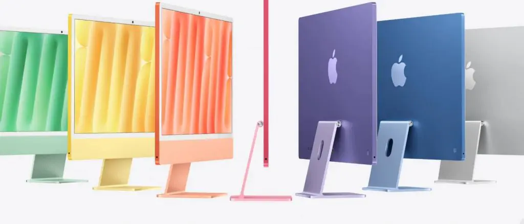 Apple's brand identity with sleek, colorful iMacs.