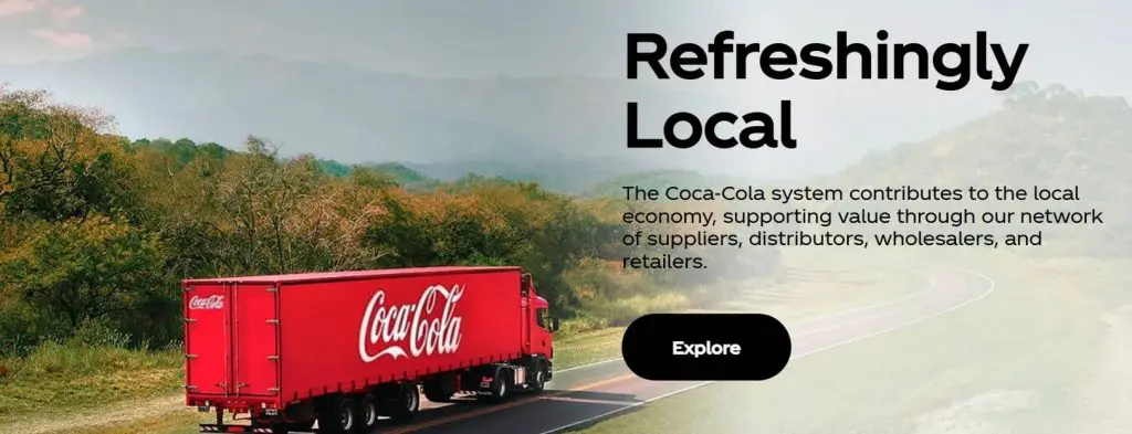 Coca-Cola brand identity with red delivery truck on scenic road.