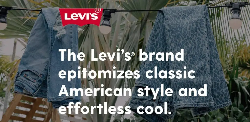 Levi’s brand identity highlights timeless American style with a relaxed, cool vibe.