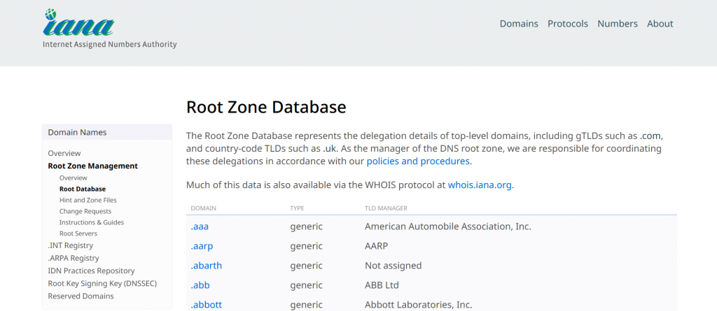 IANA Root Zone Database front page