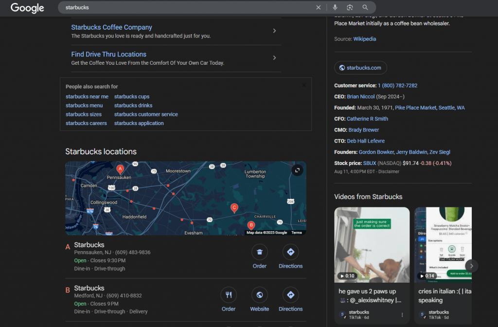 Starbuck's Google Business Profile in SERPs result