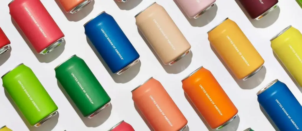 United Sodas of America’s brand identity is bold, colorful, and minimalist, with solid hues and clean typography for instant recognition.