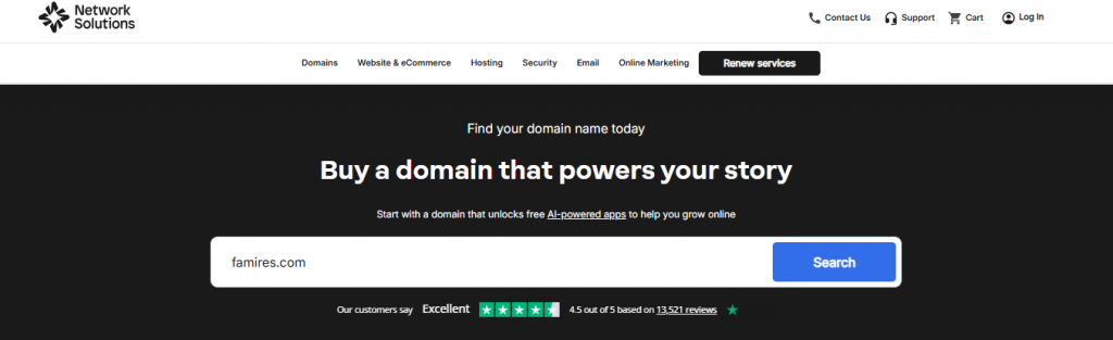 Network Solutions domain name search landing page