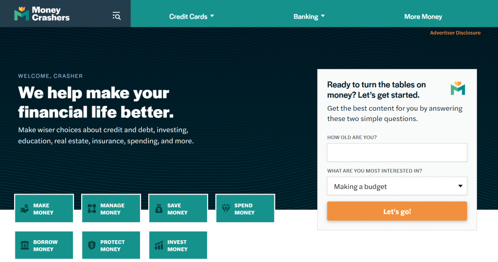 homepage of money crashers as an example of personal finance type of blogs
