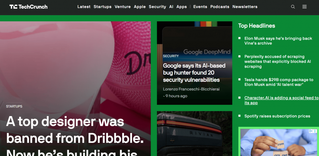 homepage of tech crunch blog