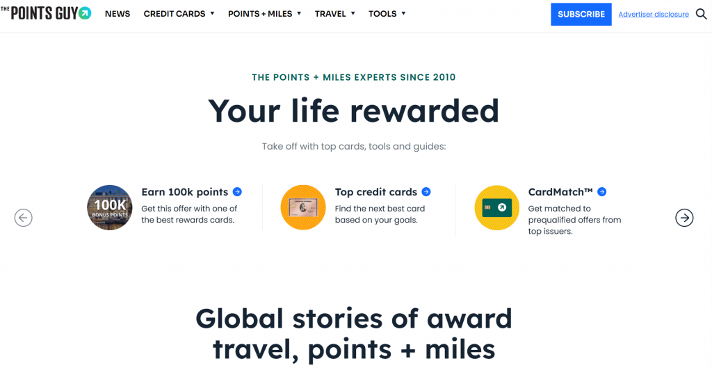 homepage of the points guy, an example of an affiliate blog