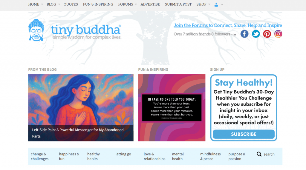 homepage of tiny buddha blog