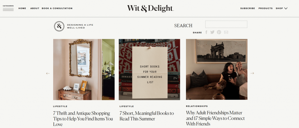 wit and delight's homepage as an example of lifestyle types of blogs