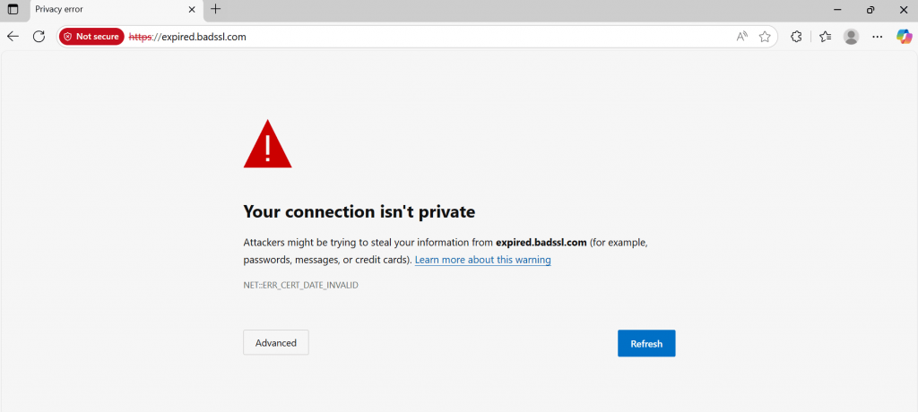 Browser error page in Microsoft Edge showing 'Your connection is not private' error