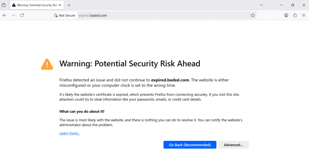 Firefox page showing a “Your connection is not private” error with a warning icon