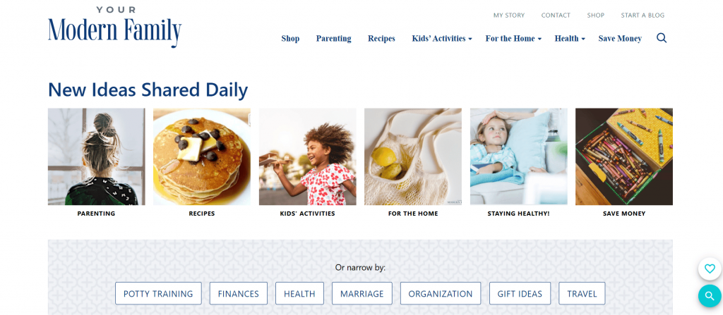 homepage of your modern family, which is an example of a parenting blog type