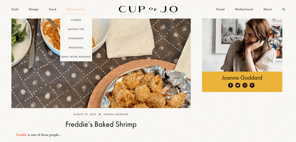 The home page of the website Cup of Jo