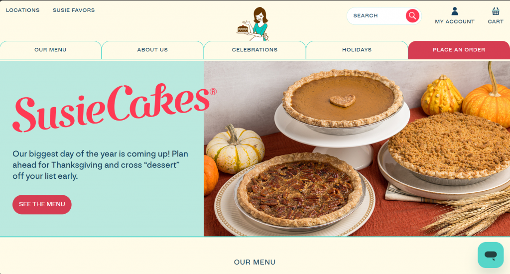 The layout for SusieCakes's restaurant website.