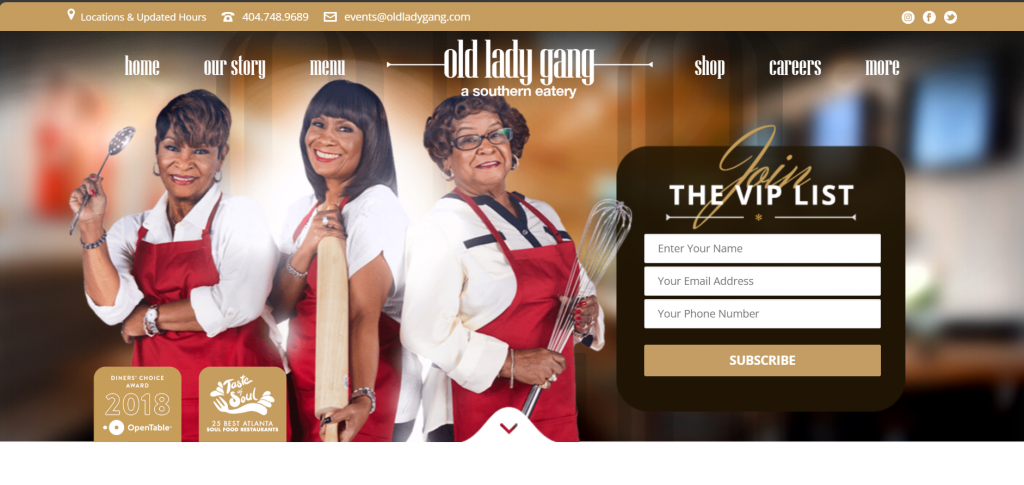The restaurant website design for the Old Lady Gang.