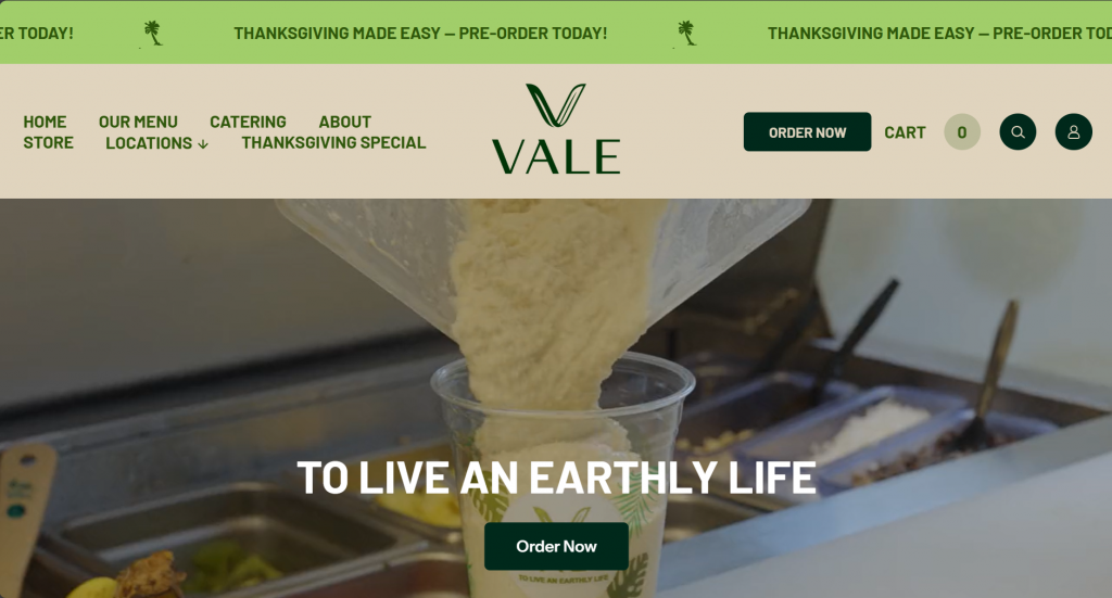 Vale Food Co.'s restaurant website page.