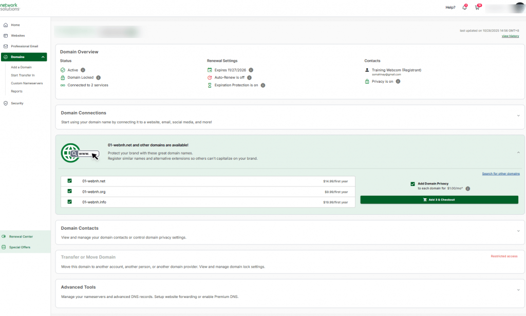 Network Solutions domain management dashboard