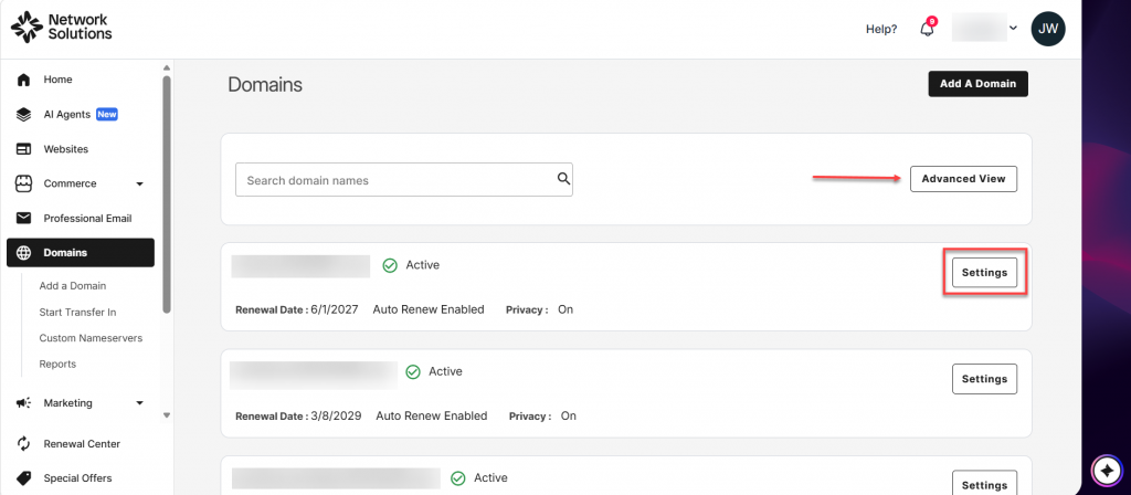 If you are in the Summary View, click the Settings option on the domain you want to access. To switch to a different view, click the Advanced View button above the domain list.