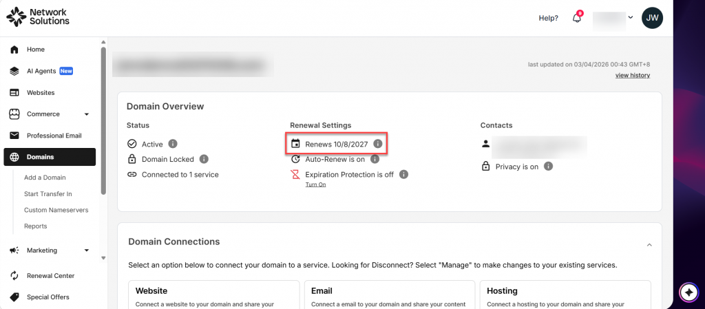 Locate your domain and view the listed expiration date. But if you have auto-renew enabled, you’ll see the renewal date instead. It’s usually set on the day before the expiration date.