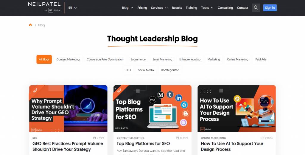 Neil Patel blog website page